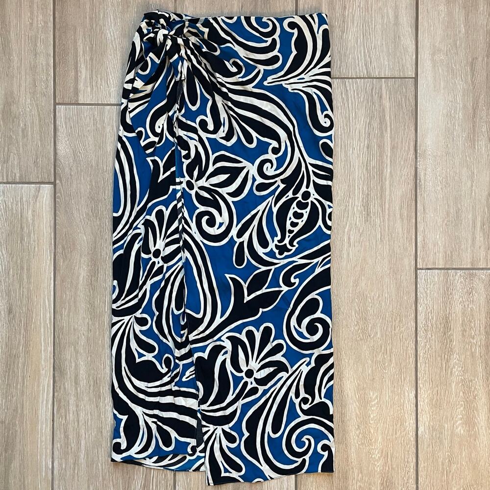 Zara Wrap Midi Skirt Womens S Blue Black Abstract Print Side Tie High Waist